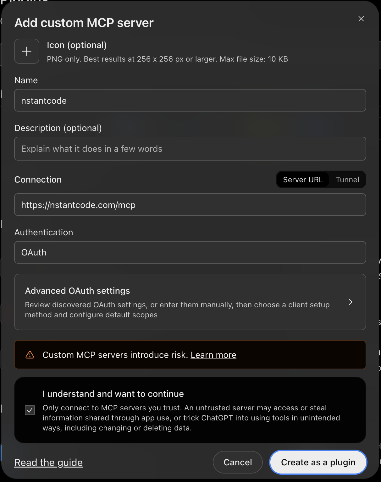 ChatGPT Add custom MCP server form: name nstantcode, Server URL https://nstantcode.com/mcp, authentication OAuth, and Create as a plugin button